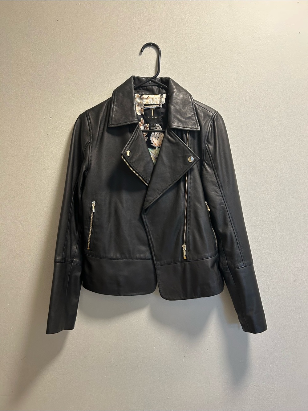 Ted Baker Black Leather Moto Jacket with Floral Lining